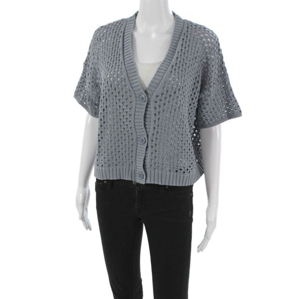 Splendid Women Cardigan V Neck Short Sleeve 100% Cotton Gray Size S - Picture 2 of 6
